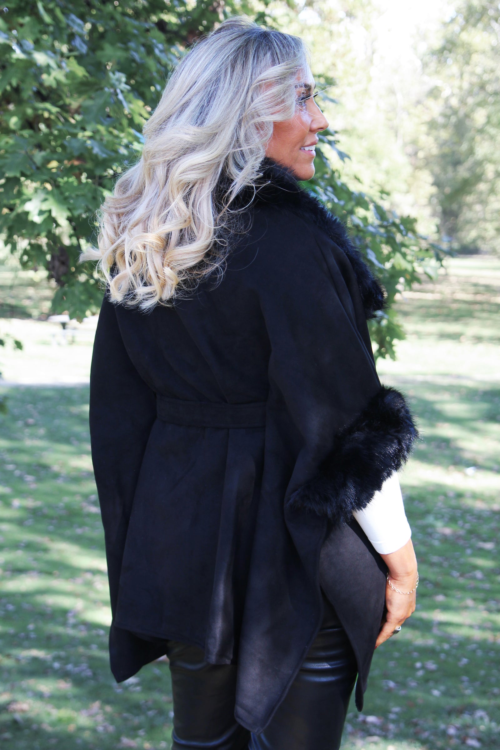 Faux Suede & Faux Fur Belted Cape w/ Wide Collar