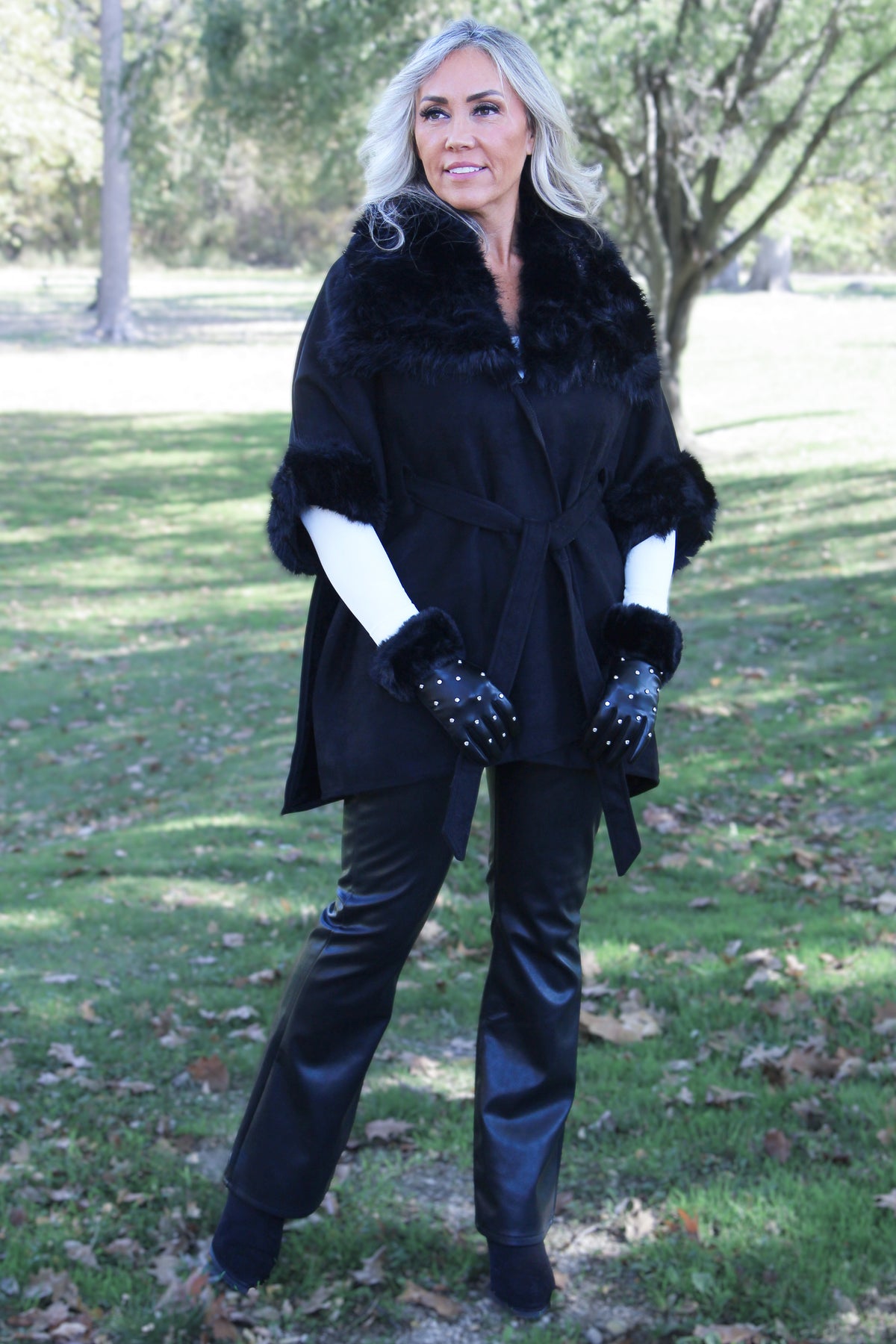 Faux Suede & Faux Fur Belted Cape w/ Wide Collar