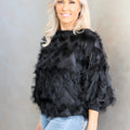 Boat Neck Long Sleeve Top w/ Fringe Detail