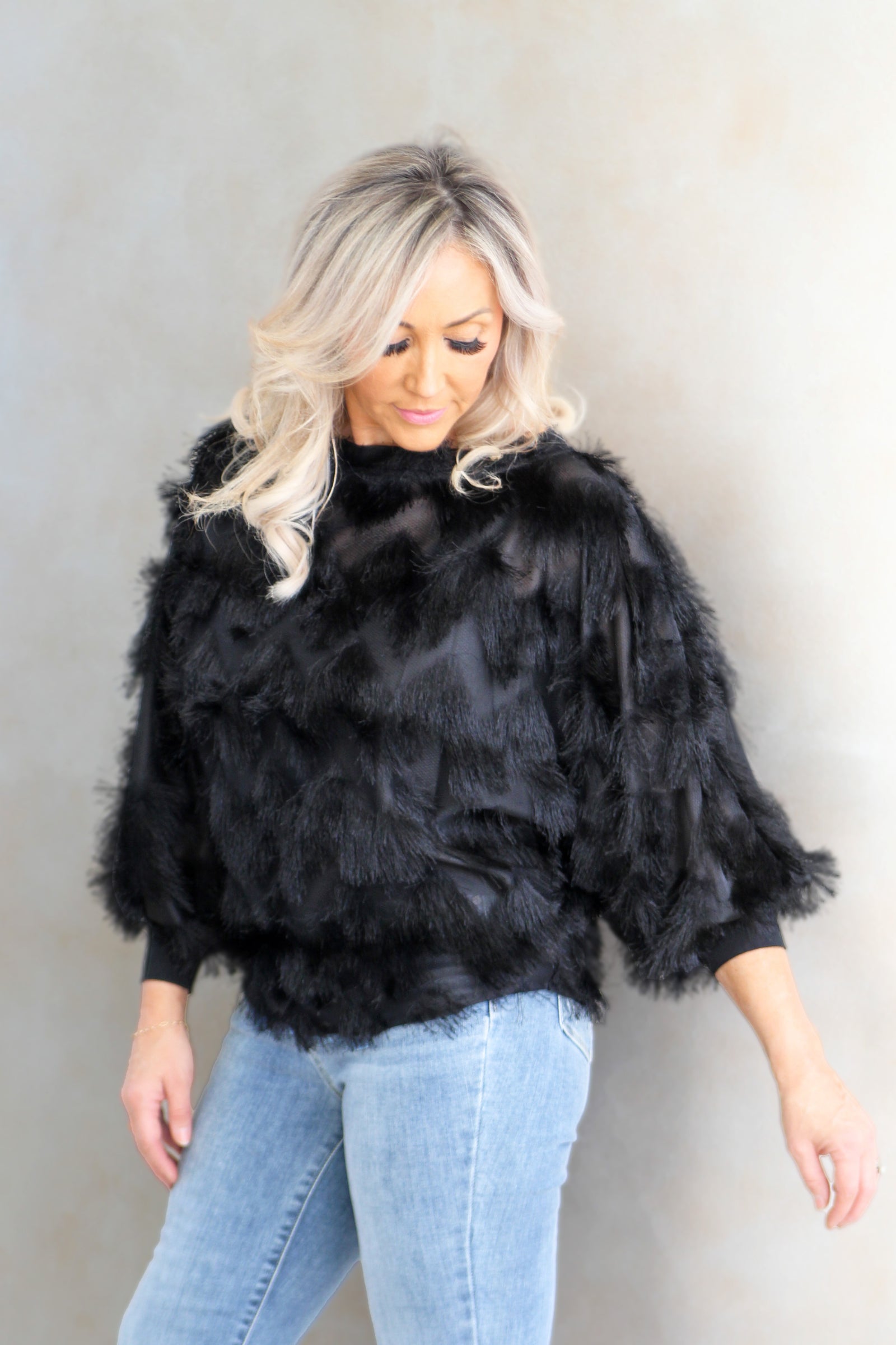 Boat Neck Long Sleeve Top w/ Fringe Detail