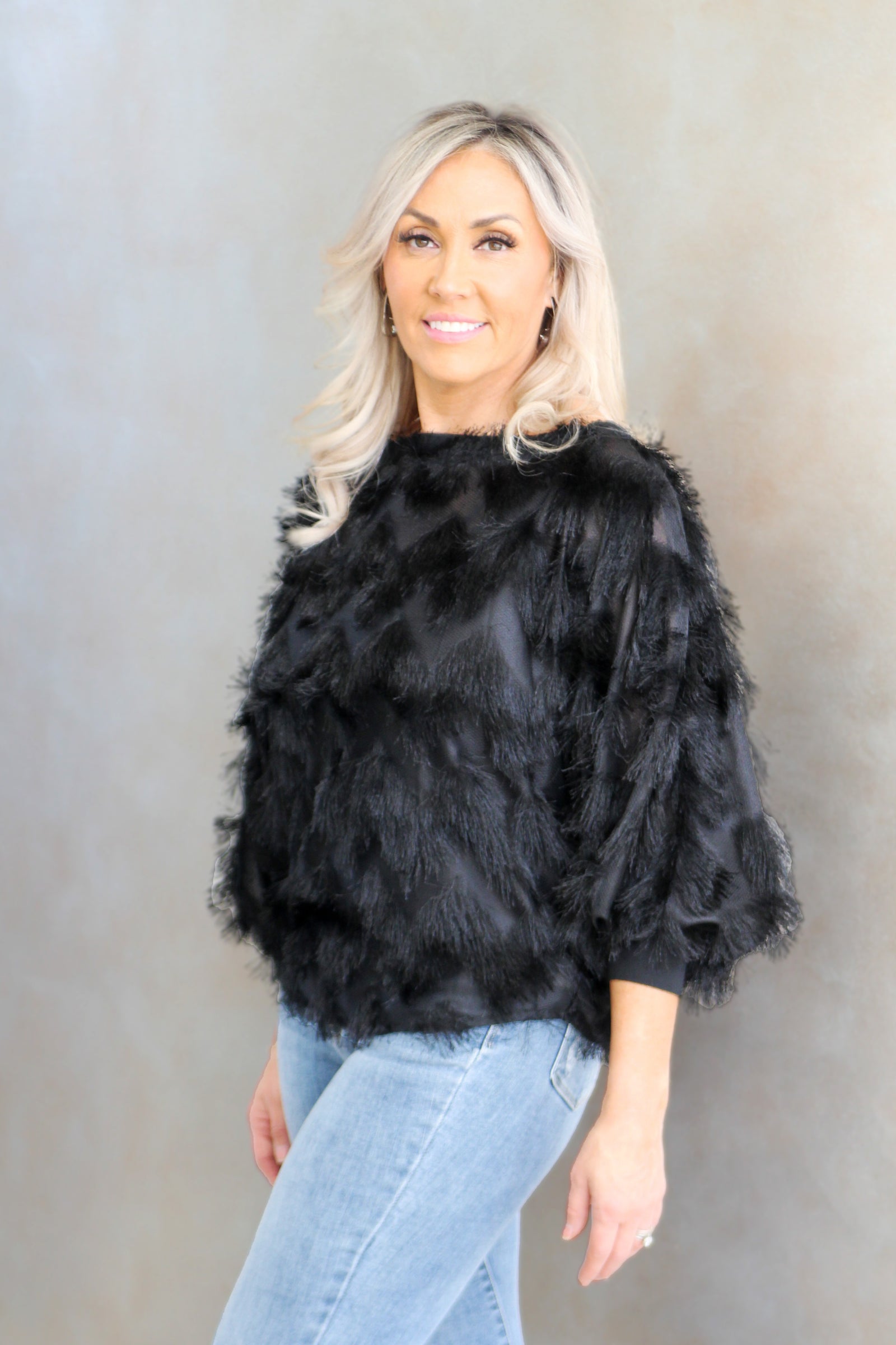 Boat Neck Long Sleeve Top w/ Fringe Detail