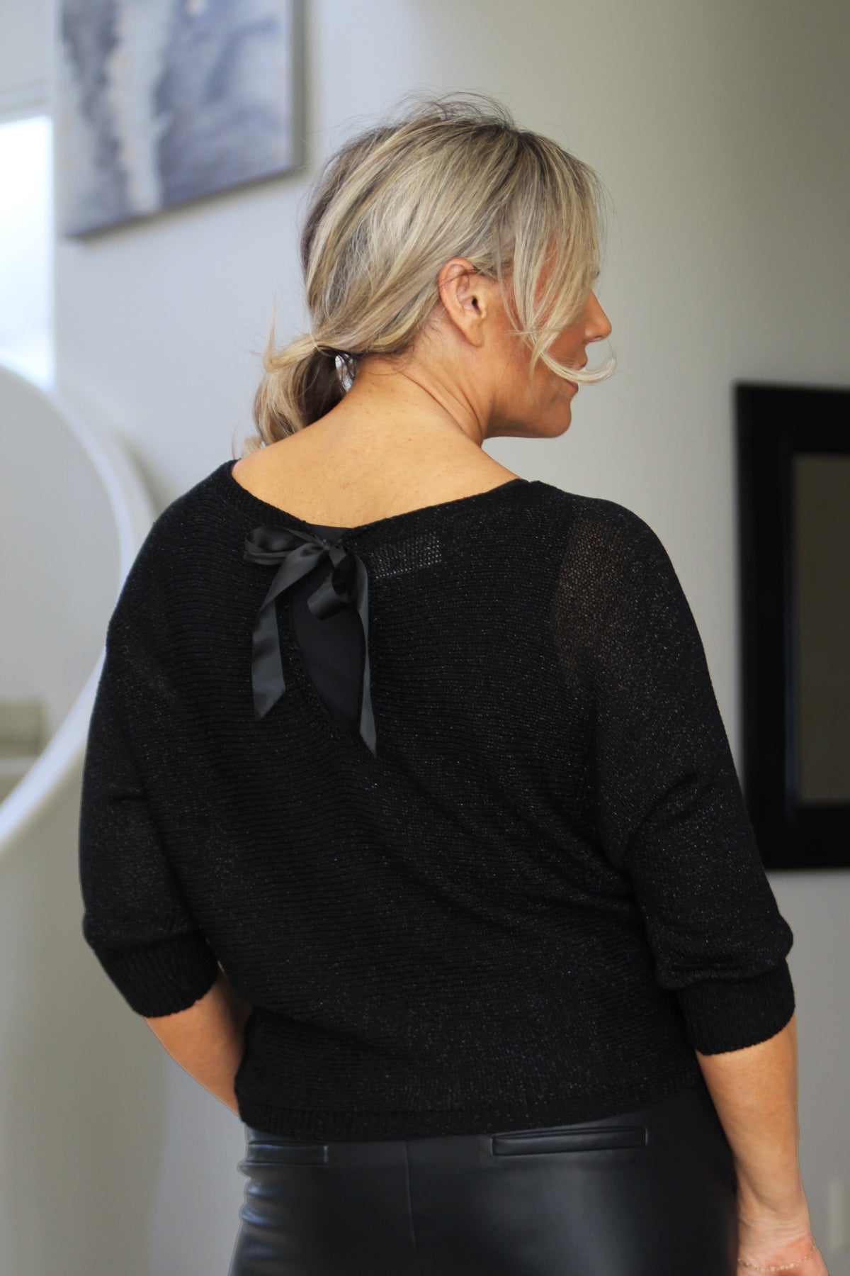 Metallic Knit Sweater w/ Back Bow Detail