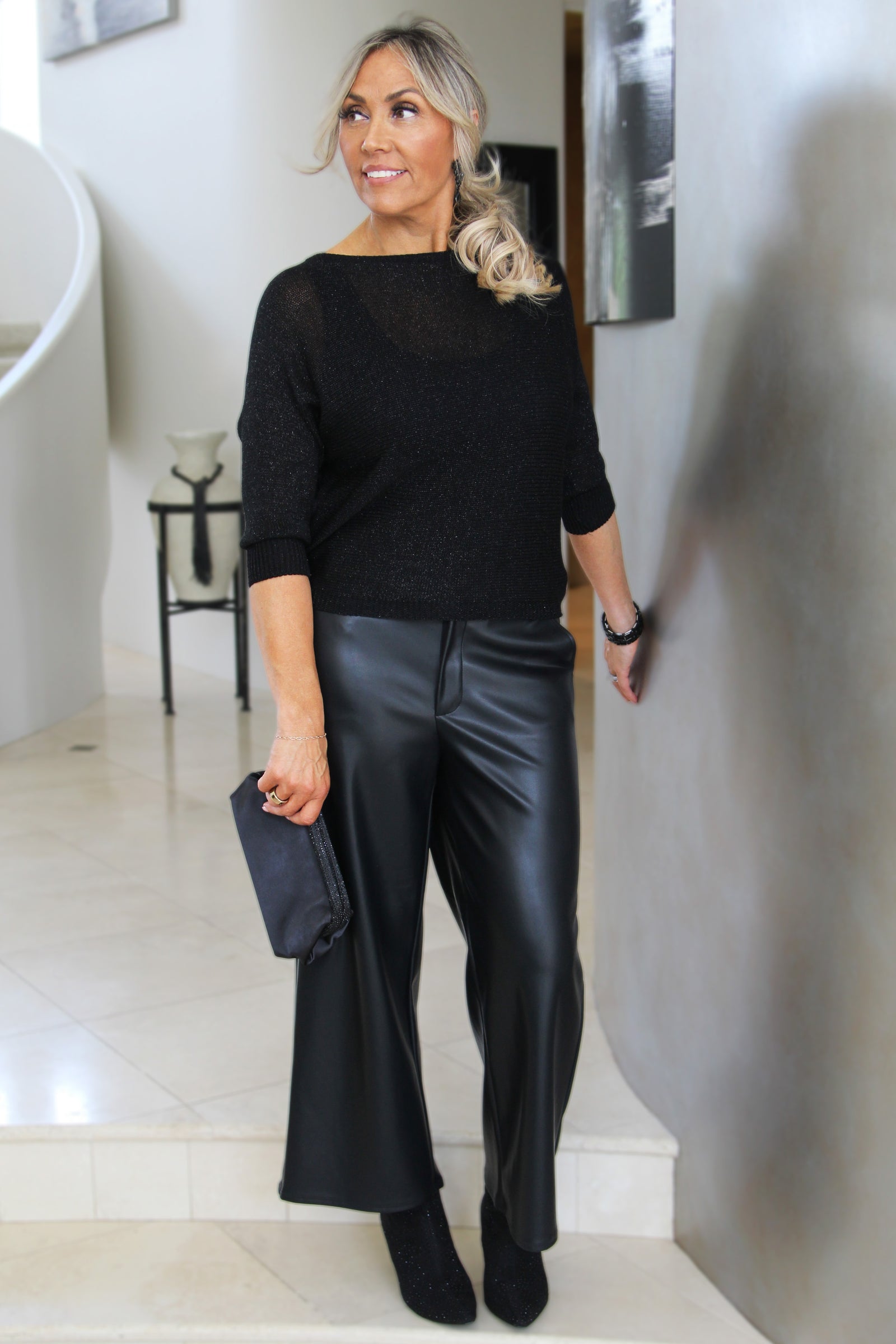 Metallic Knit Sweater w/ Back Bow Detail
