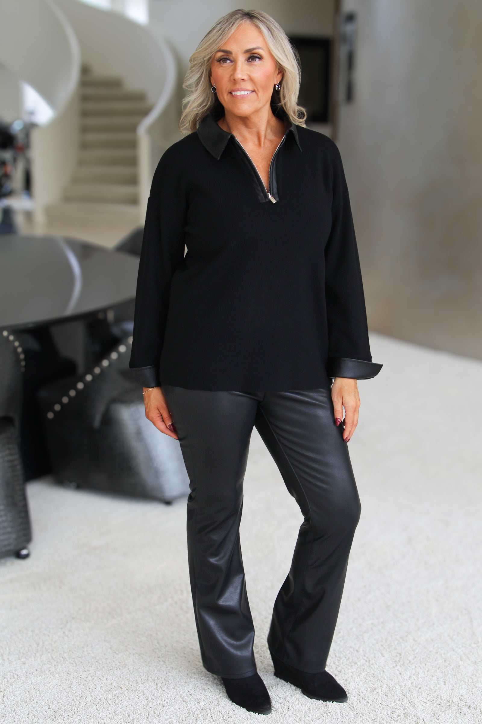 Quarter Zip Knit Polo Sweater w/ Faux Leather Trim