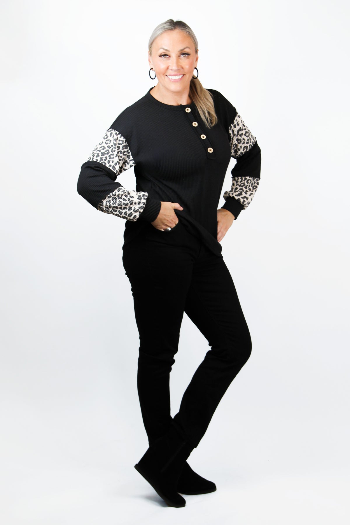 Half Button Leopard Accent Arm Design Top