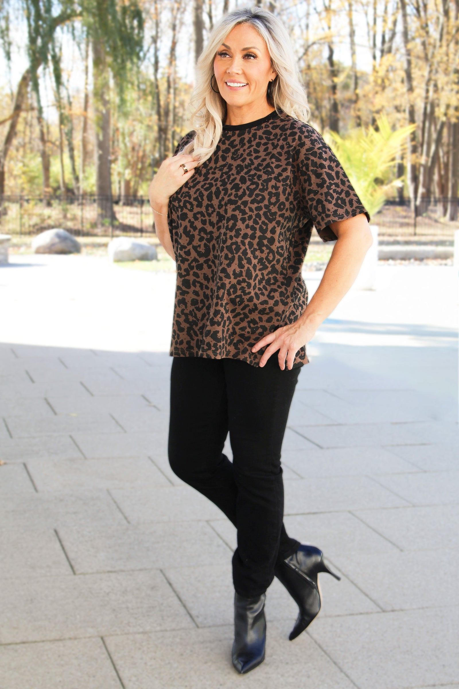Leopard Print Black Studded Oversized T-Shirt