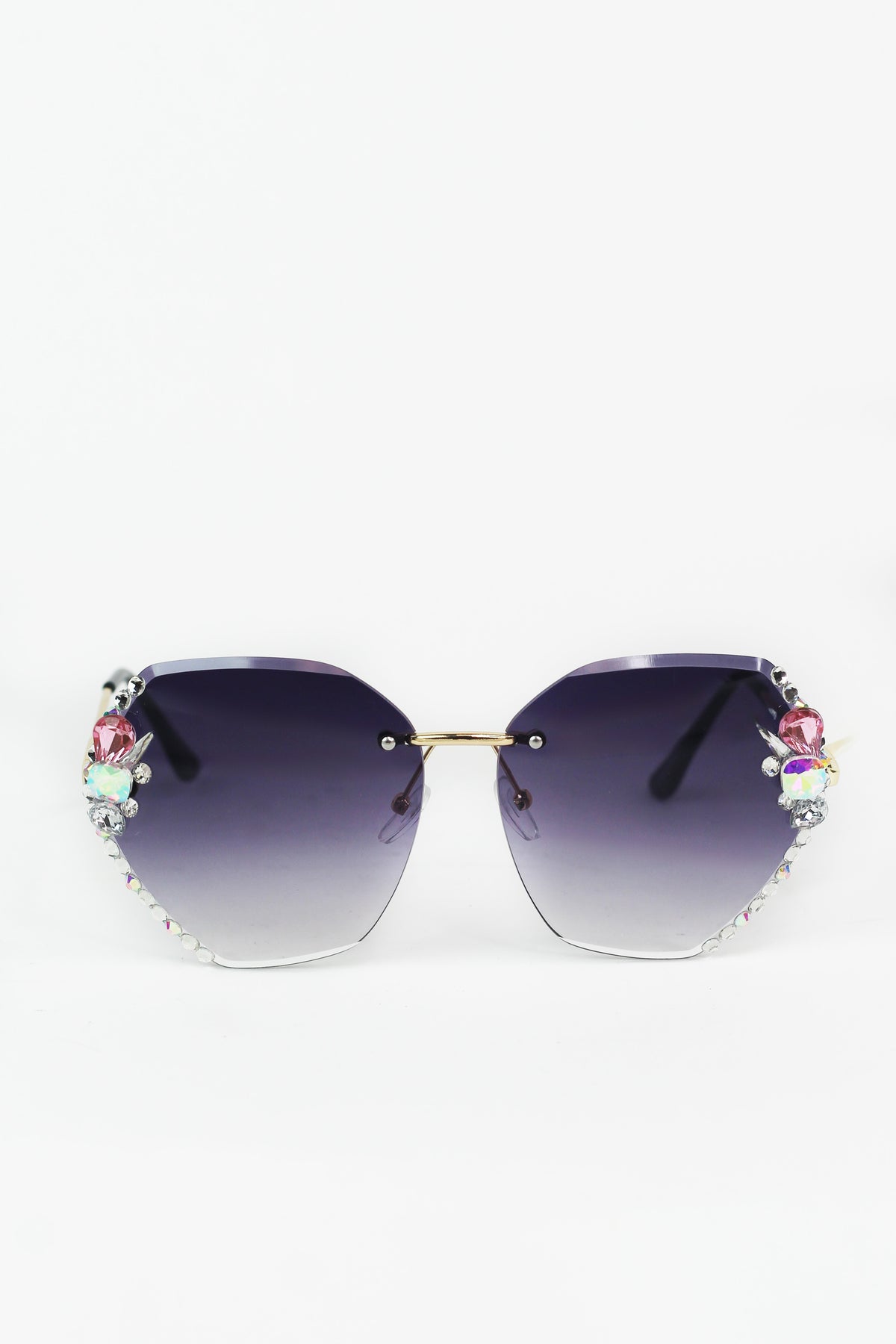 Large Frameless Rhinestone Edged Metal Arm Sunglasses