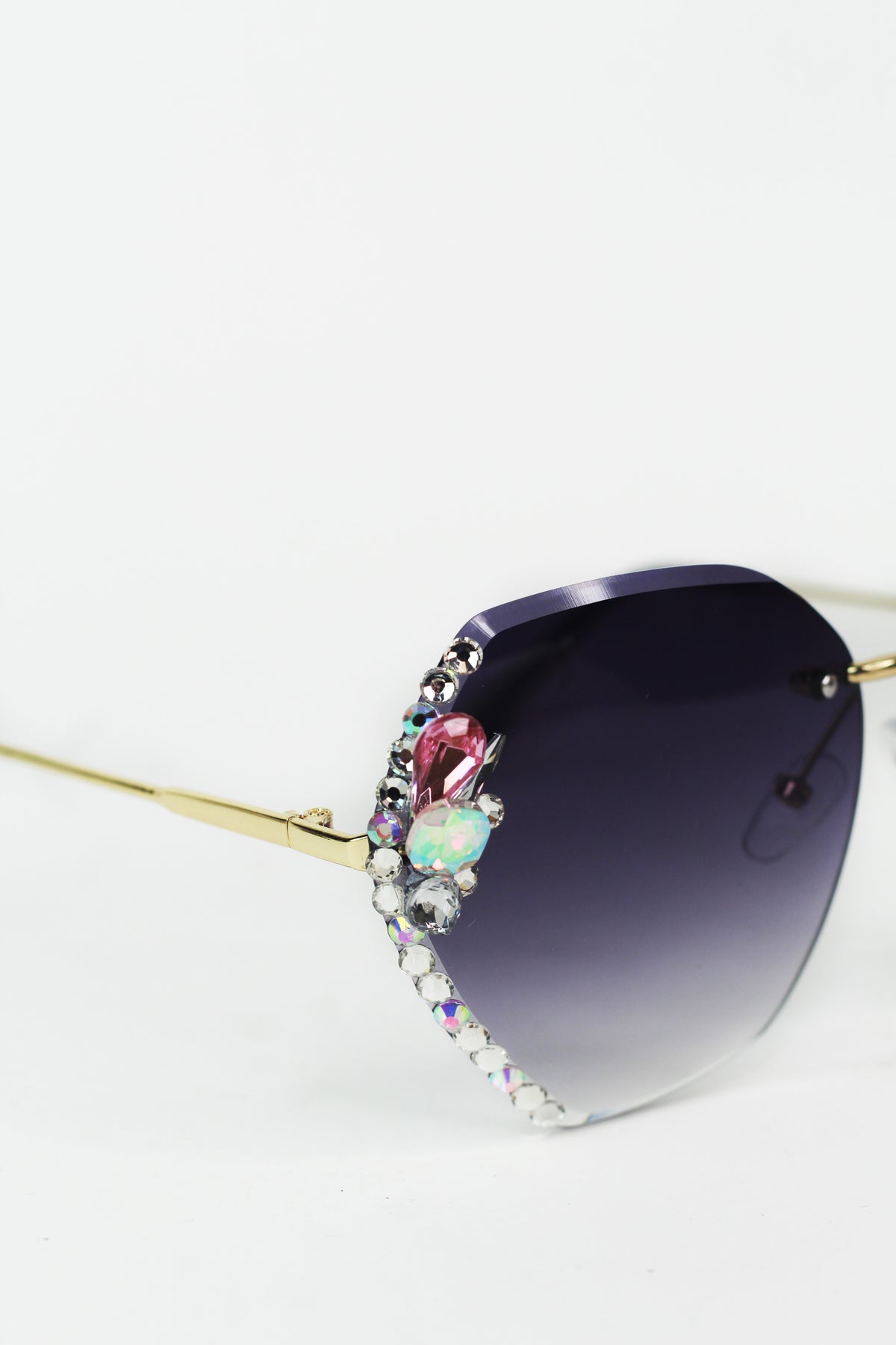 Large Frameless Rhinestone Edged Metal Arm Sunglasses