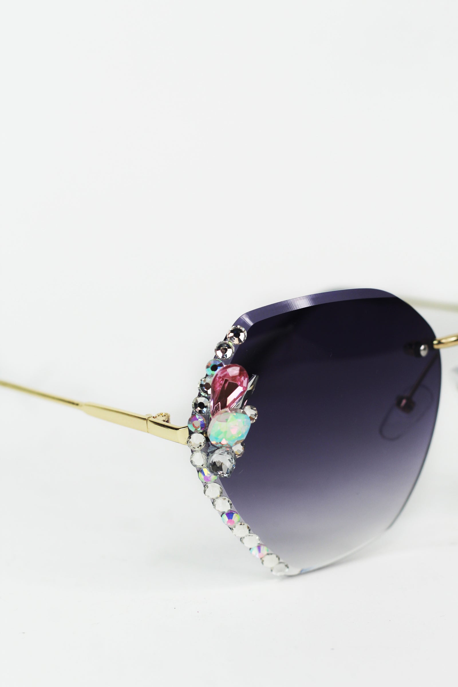 Large Frameless Rhinestone Edged Metal Arm Sunglasses