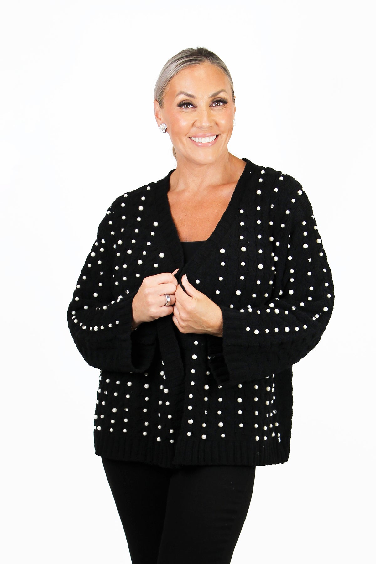 Long Sleeve Pearl &amp; Rhinestone Accent Cardigan