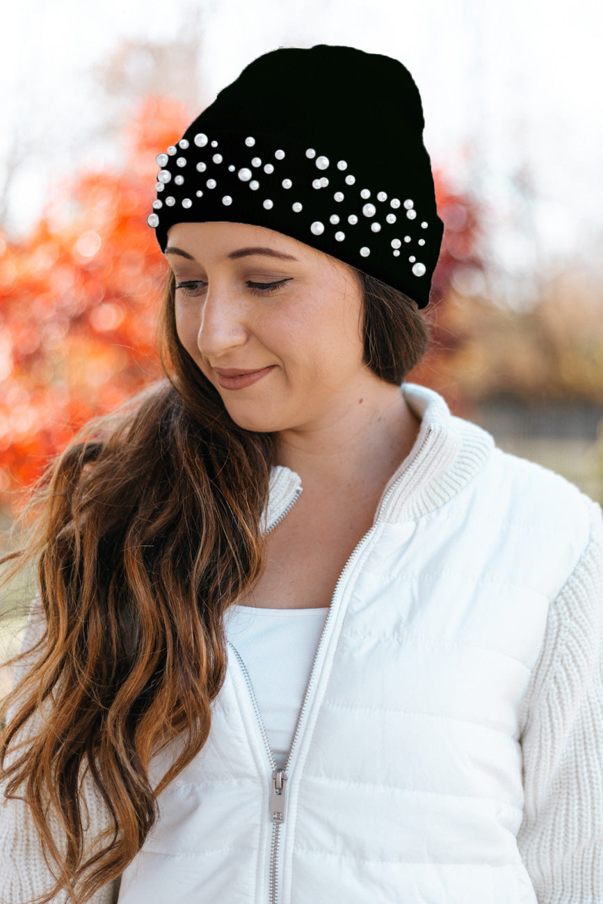 Different Size Pearl Cluster Fold Beanie