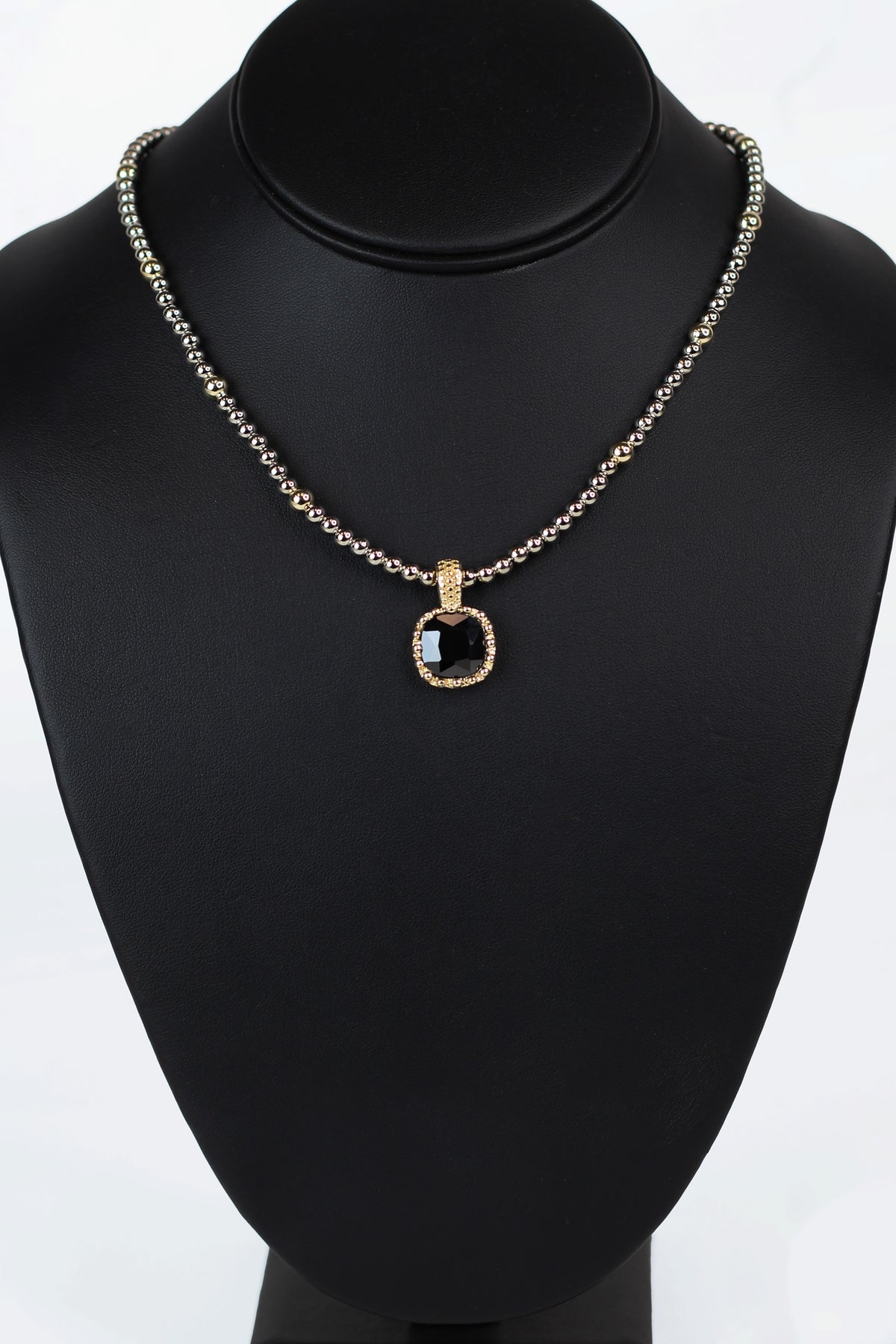 Two Toned Bead Necklace w/ Square Gemstone Pendant