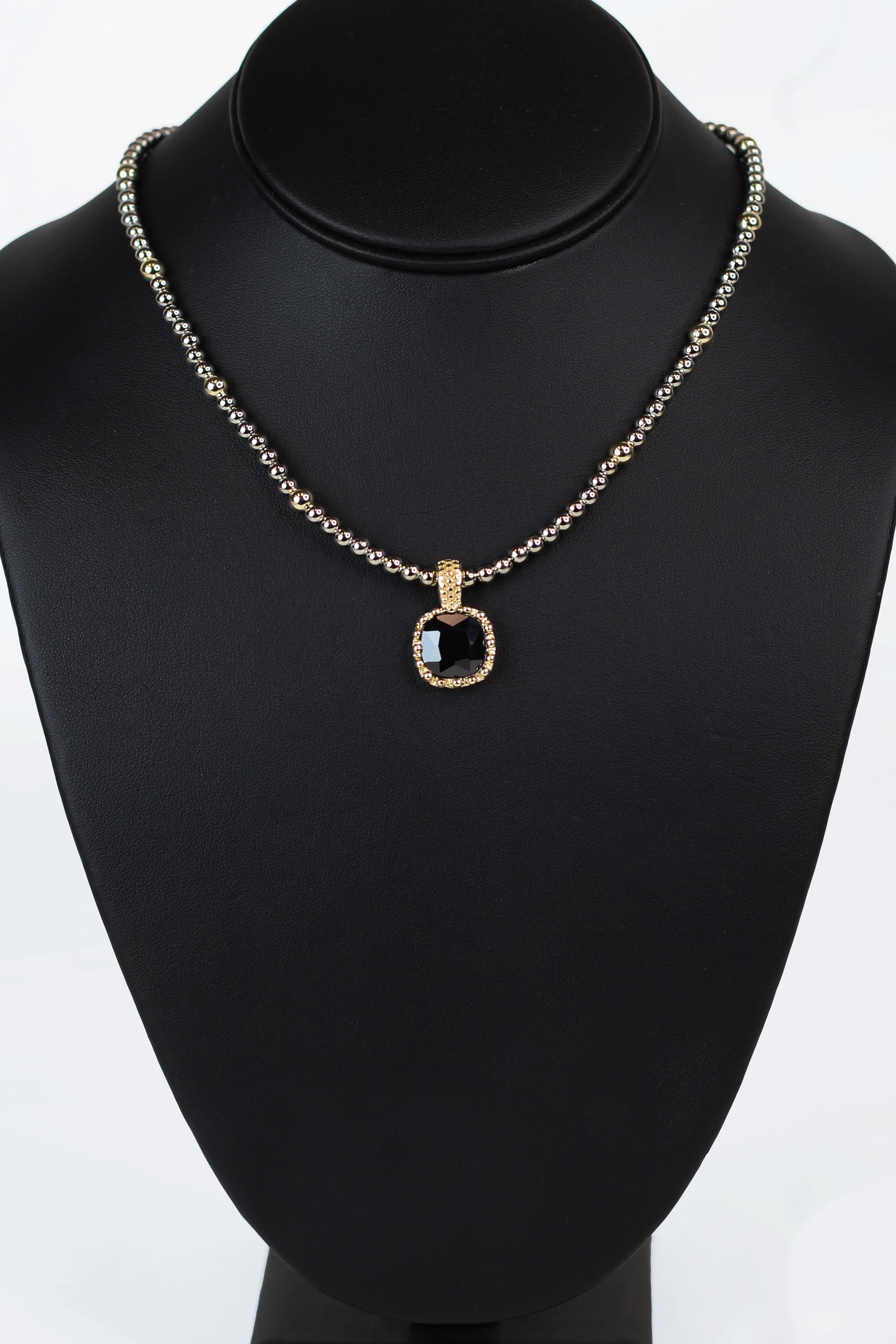 Two Toned Bead Necklace w/ Square Gemstone Pendant