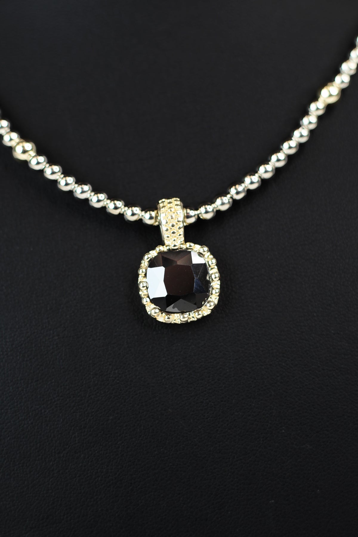 Two Toned Bead Necklace w/ Square Gemstone Pendant