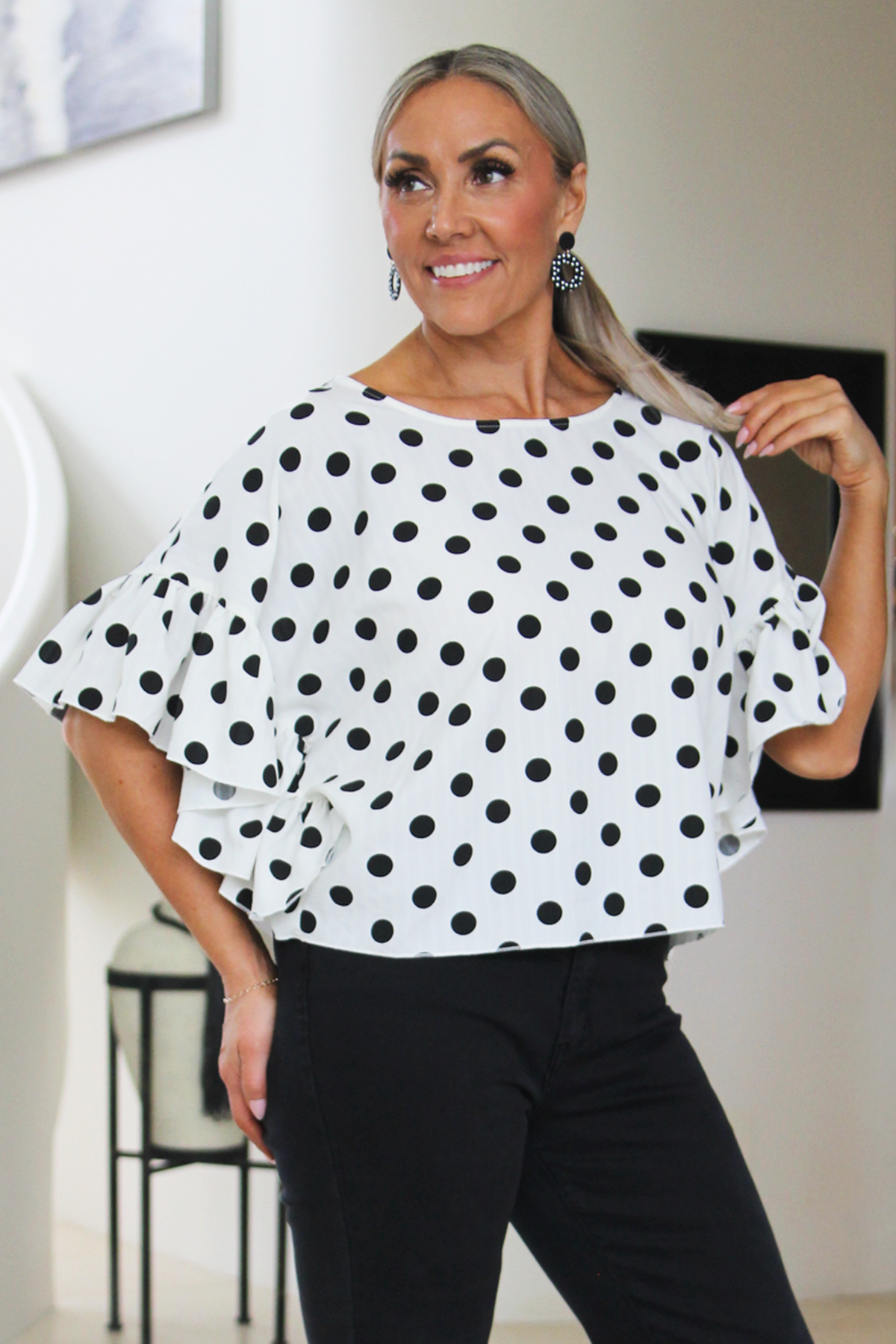 Boxy Polka Dot Top w/ Ruffle Sleeves