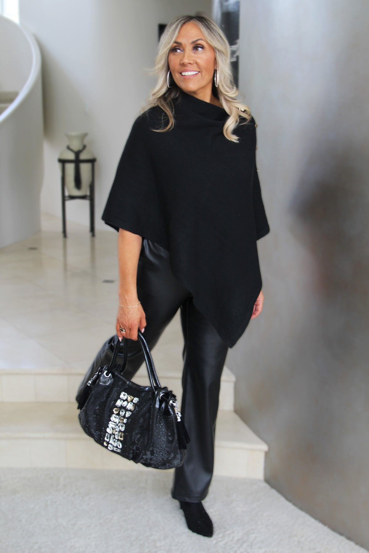 Asymmetrical Knit Poncho w/ Button Detail