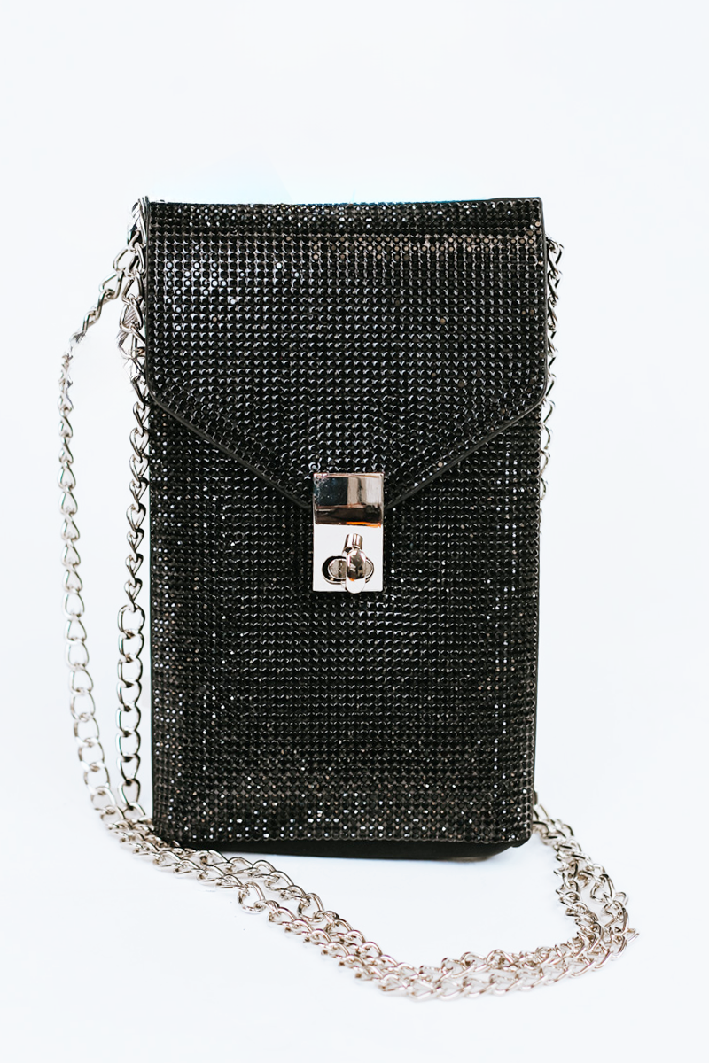 Rhinestone Front Rectangle Crossbody Pouch w/ Flap Closure
