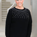 Long Sleeve Knit Sweater w/ Cubic Rhinestone Accent Front