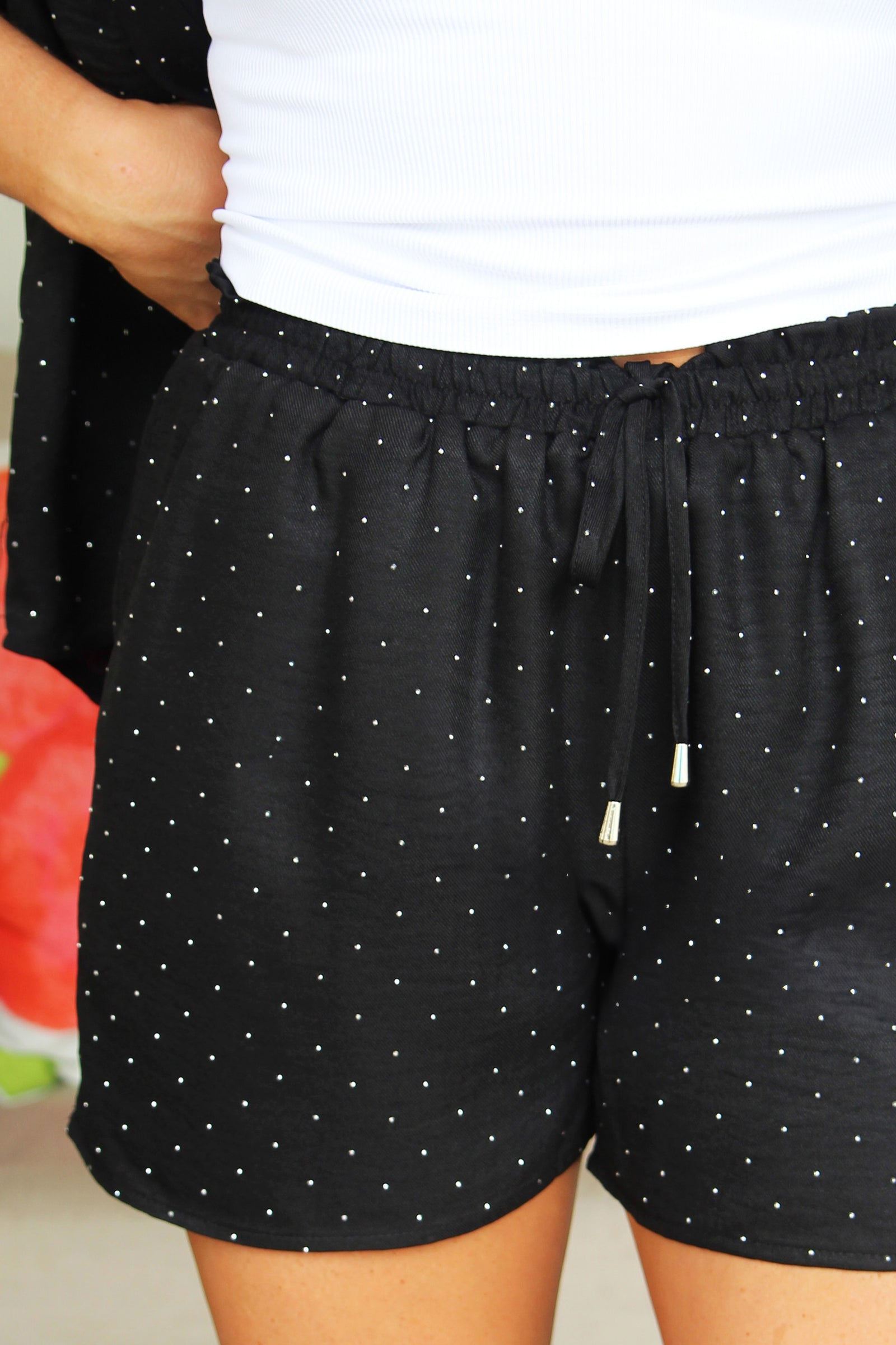 Rhinestone Covered Shorts w/ Metal Tip Waist Tie