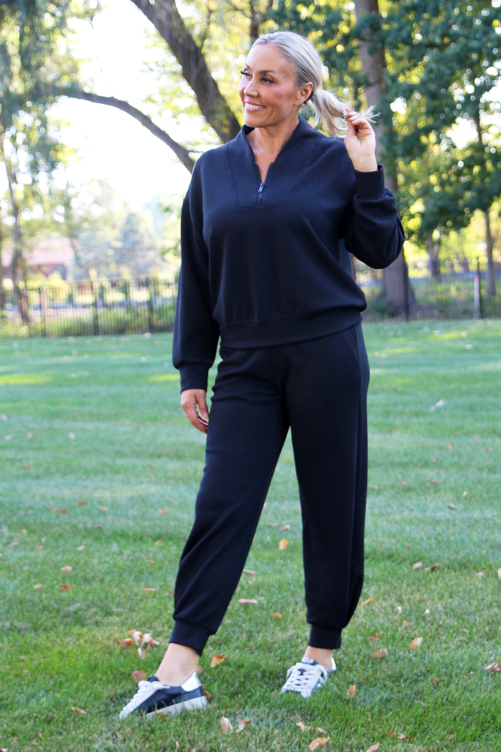 V-Neck Zip Scuba Sweatshirt & Joggers w/ Pockets Set