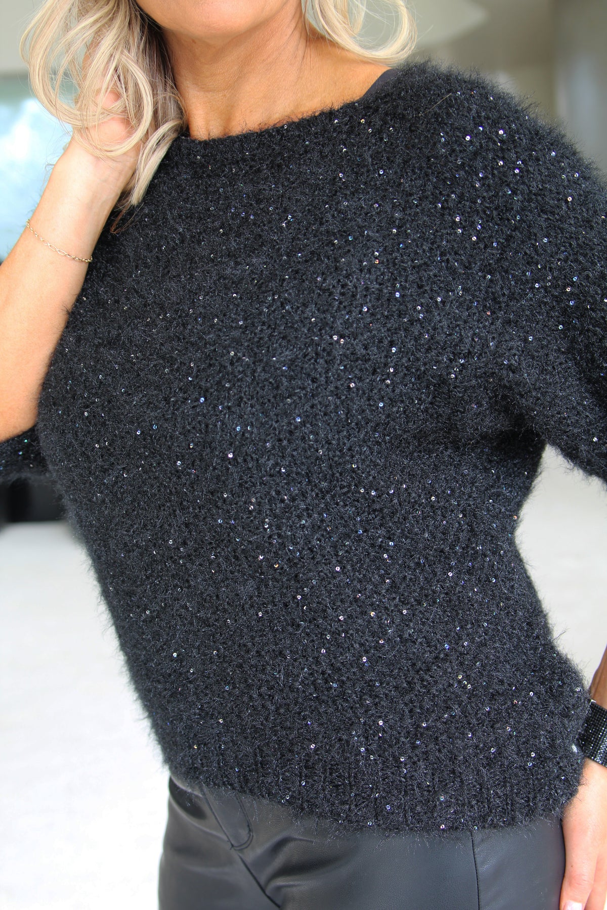 Short Sleeve Fluffy Sweater w/ Sequin Accents