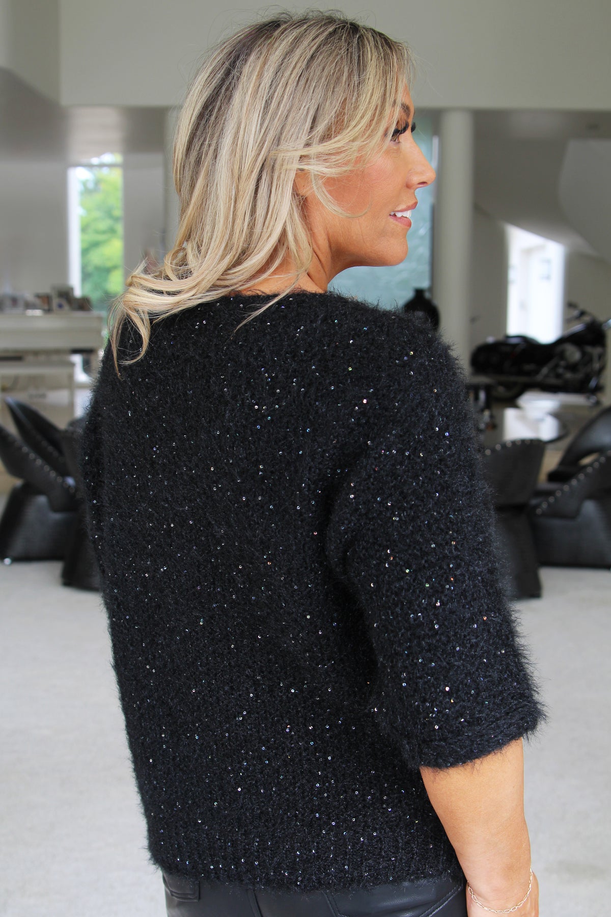 Short Sleeve Fluffy Sweater w/ Sequin Accents
