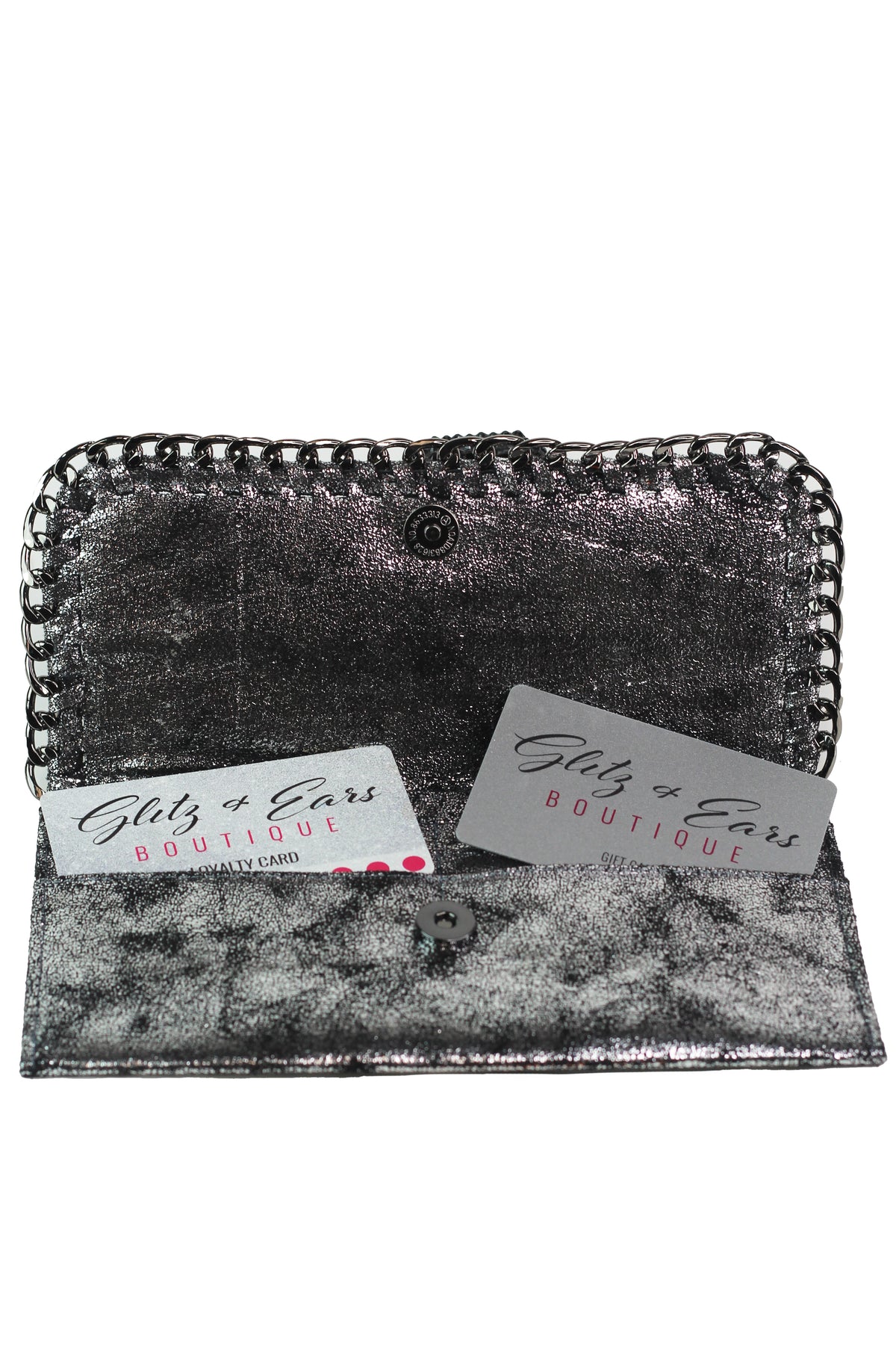 Shimmery Large Card Holder Wallet w/ Chain Trim