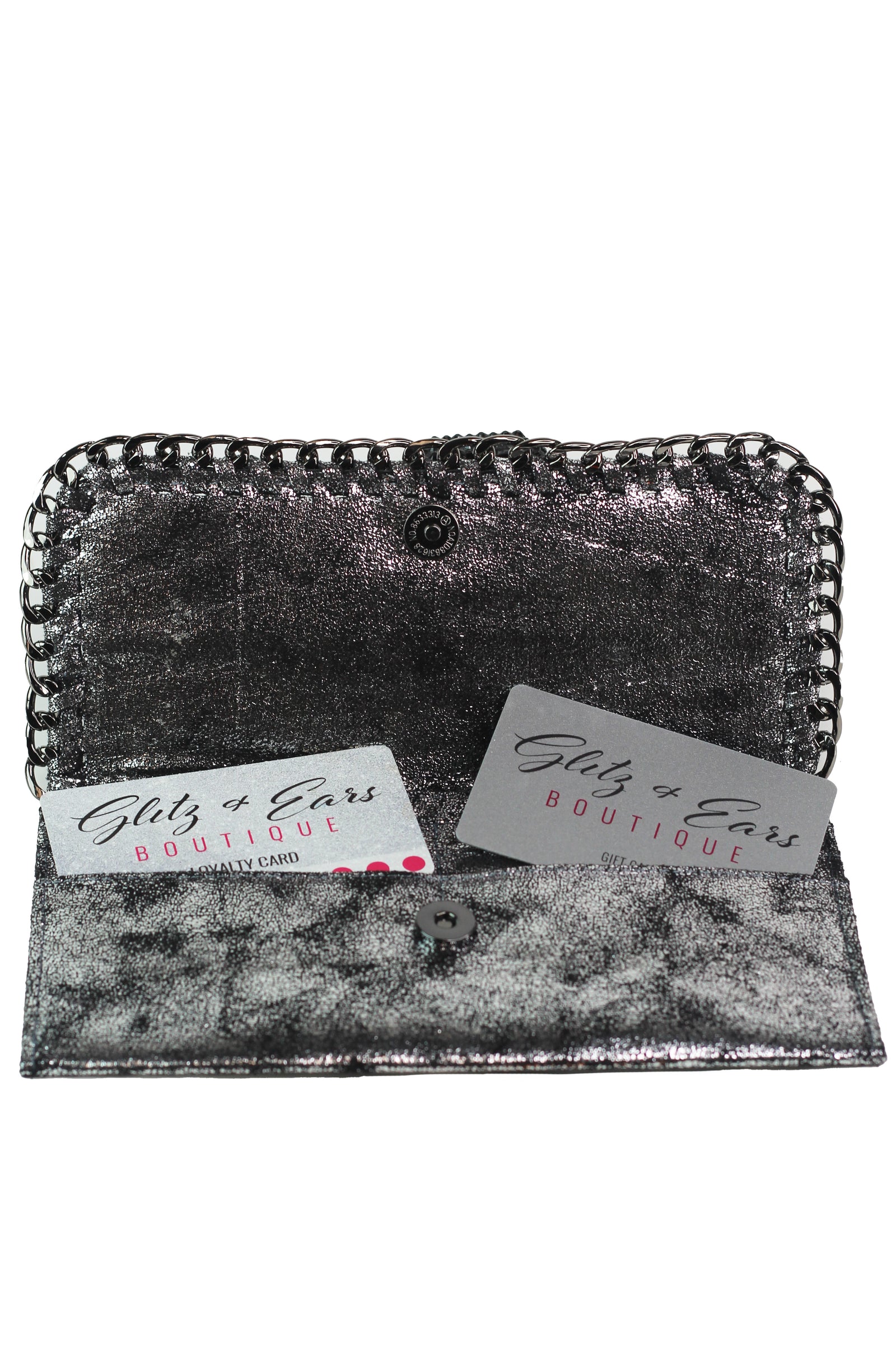 Shimmery Large Card Holder Wallet w/ Chain Trim