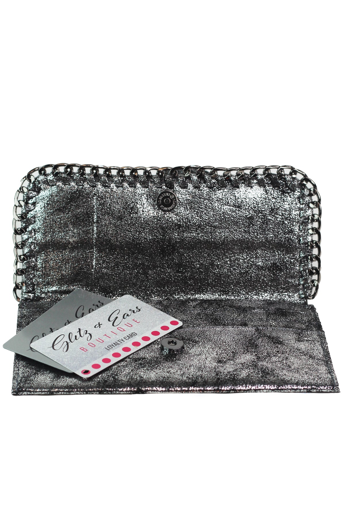 Shimmery Large Card Holder Wallet w/ Chain Trim