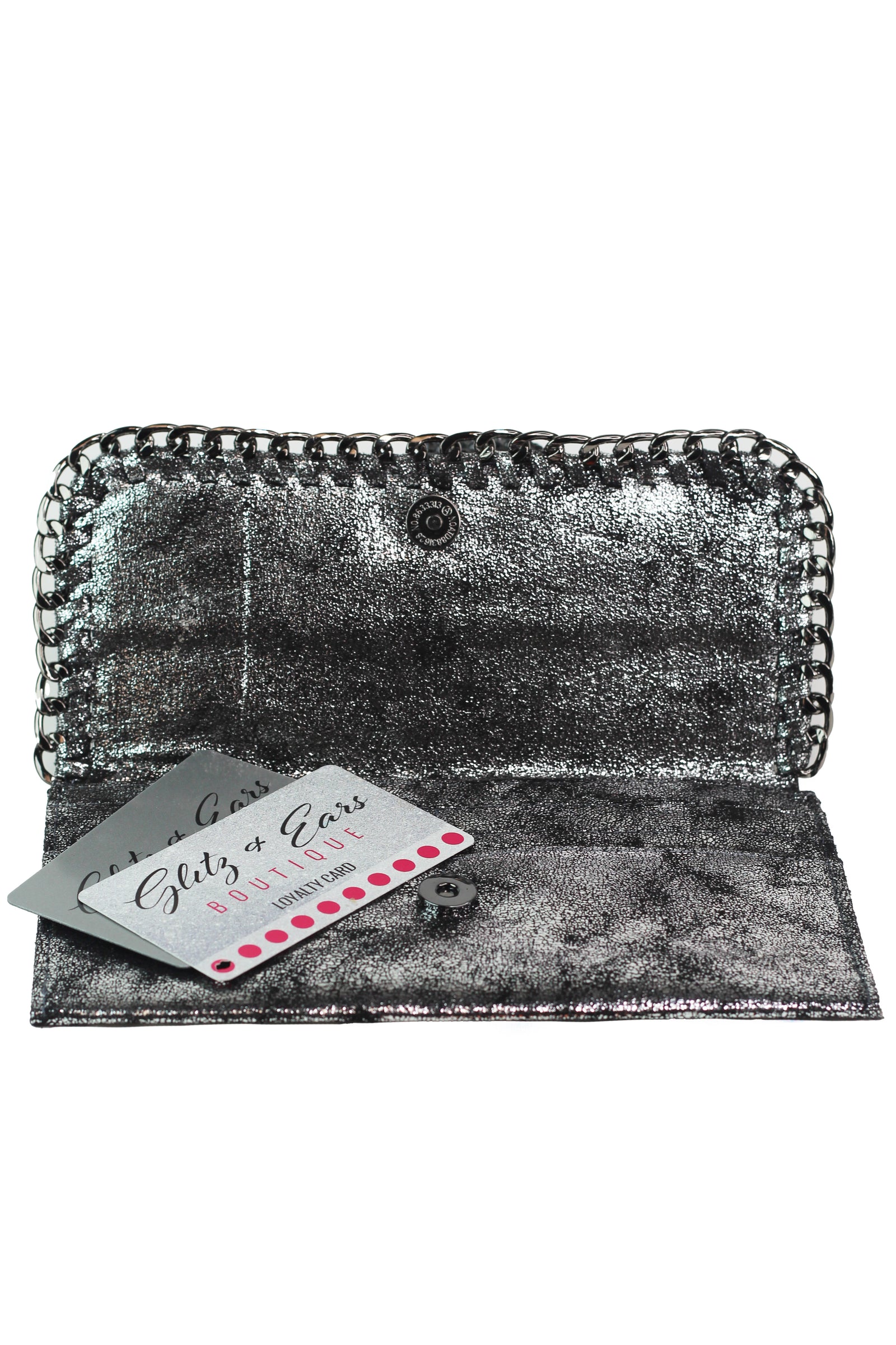 Shimmery Large Card Holder Wallet w/ Chain Trim