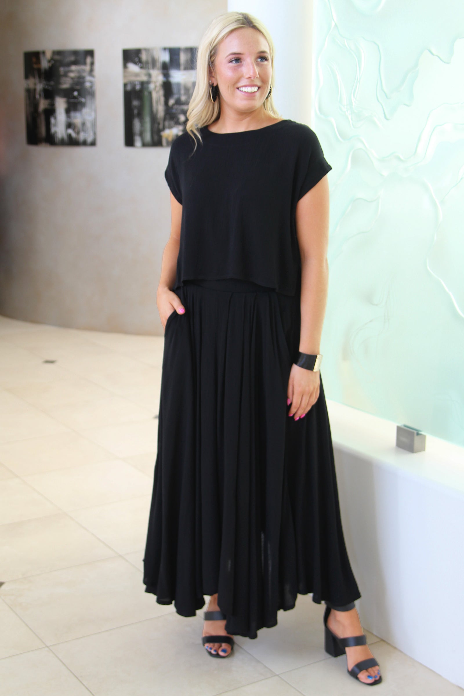 Short Sleeve Gauze Cropped Top & Midi Swing Skirt Set