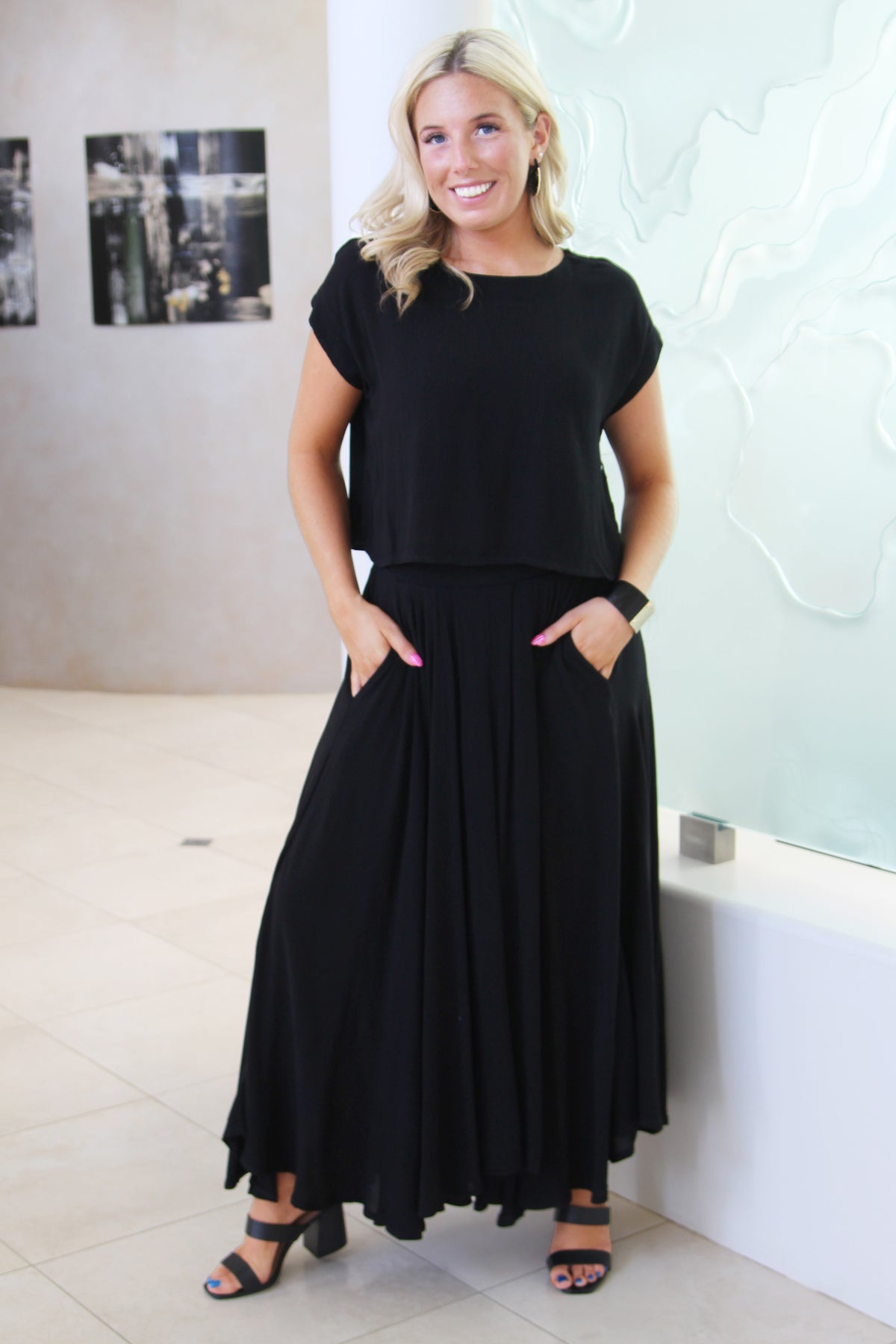 Short Sleeve Gauze Cropped Top & Midi Swing Skirt Set