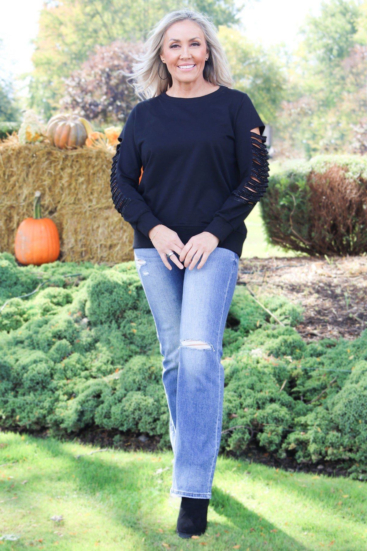 French Terry Sweatshirt w/ Rhinestone Embellished Sleeve Slits