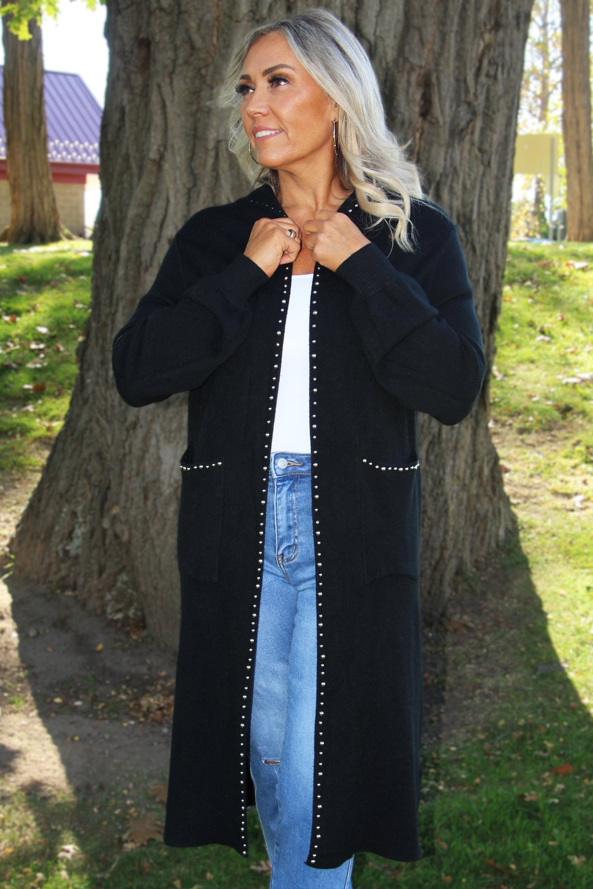 Open Long  Knit Cardigan W/ Studs