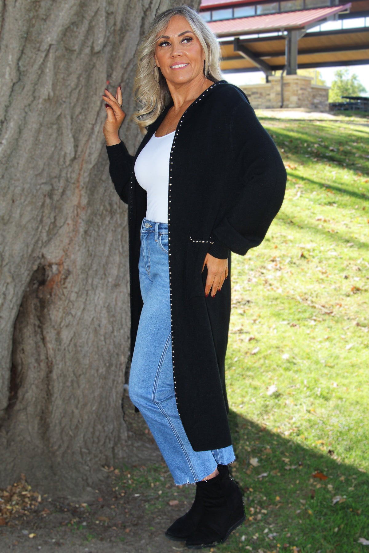 Open Long  Knit Cardigan W/ Studs
