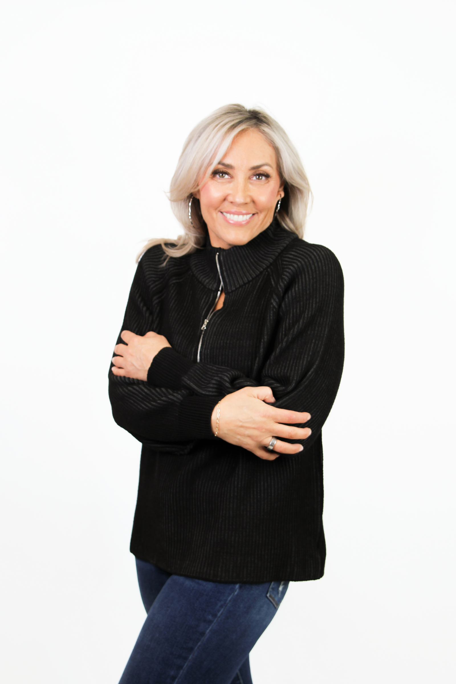 Two Tone Half Zip Long Sleeve Sweater