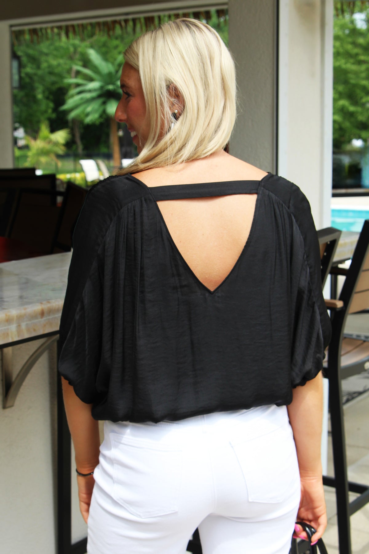 V-Neck Front & Back Cropped Drawstring Top