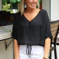 V-Neck Front & Back Cropped Drawstring Top