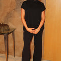 Ribbed Knit Short Sleeve Top & Wide Leg Pants Set