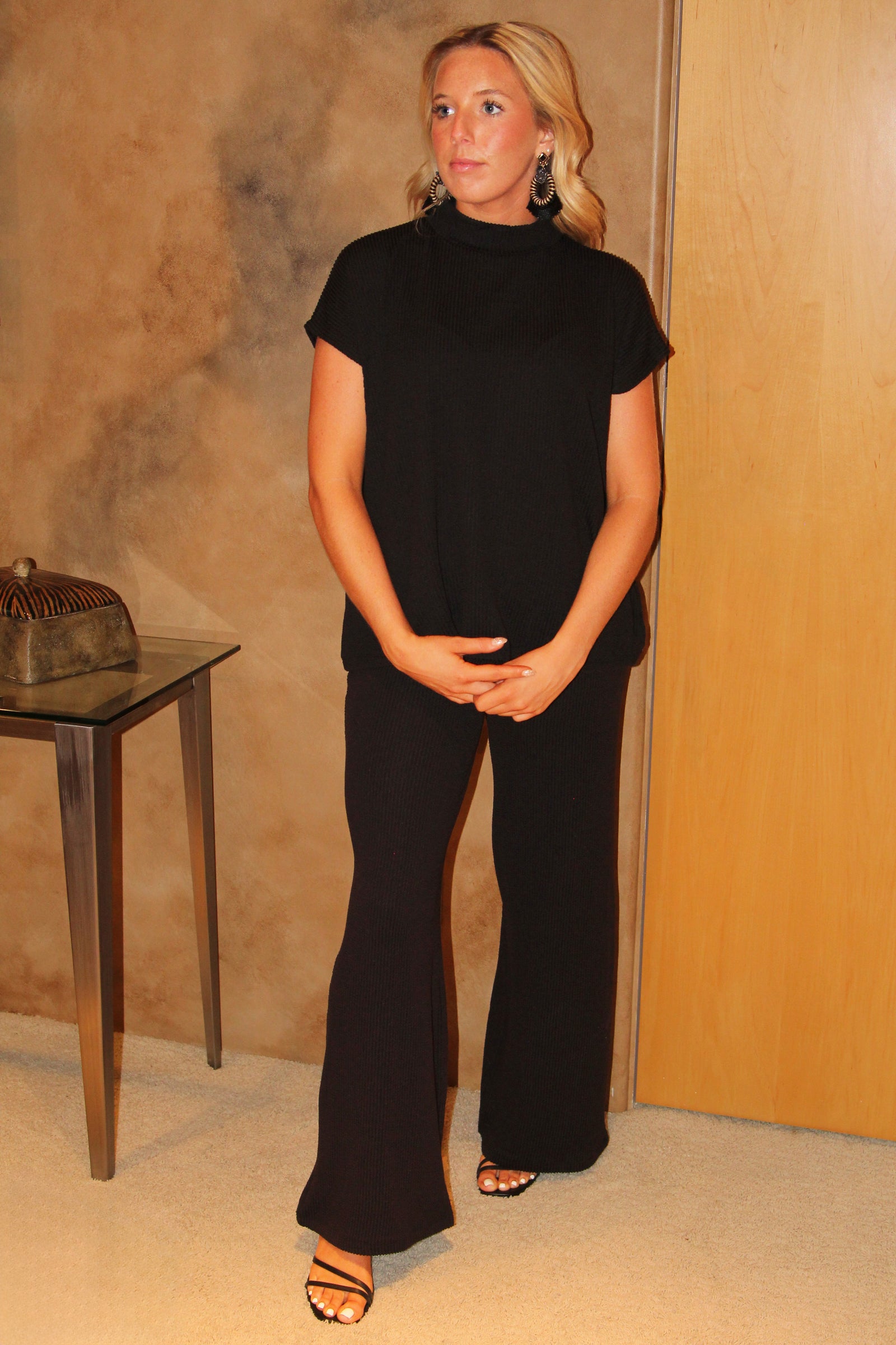 Ribbed Knit Short Sleeve Top & Wide Leg Pants Set