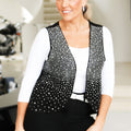 Open Curved Hem Sleeveless Vest w/ Rhinestone Accent