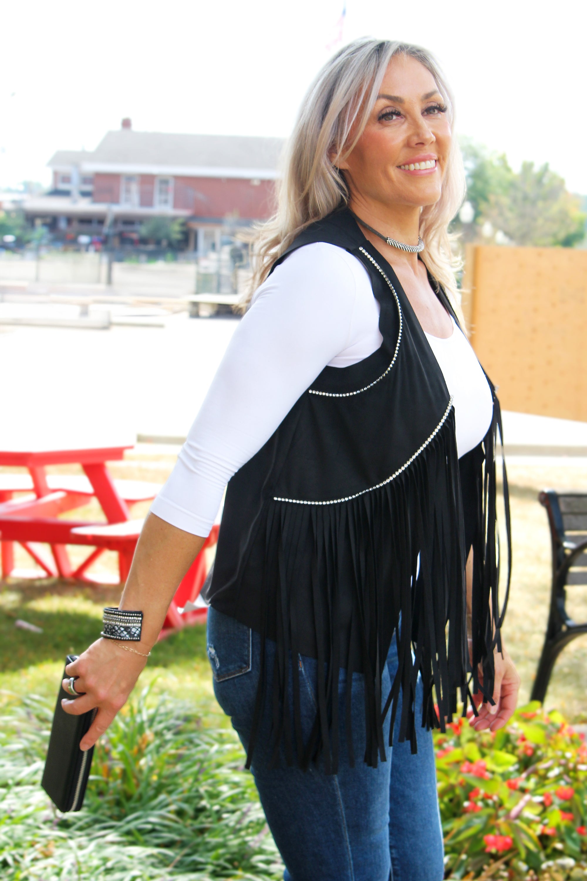 Suede Fringe Vest w/ Rhinestone Detail
