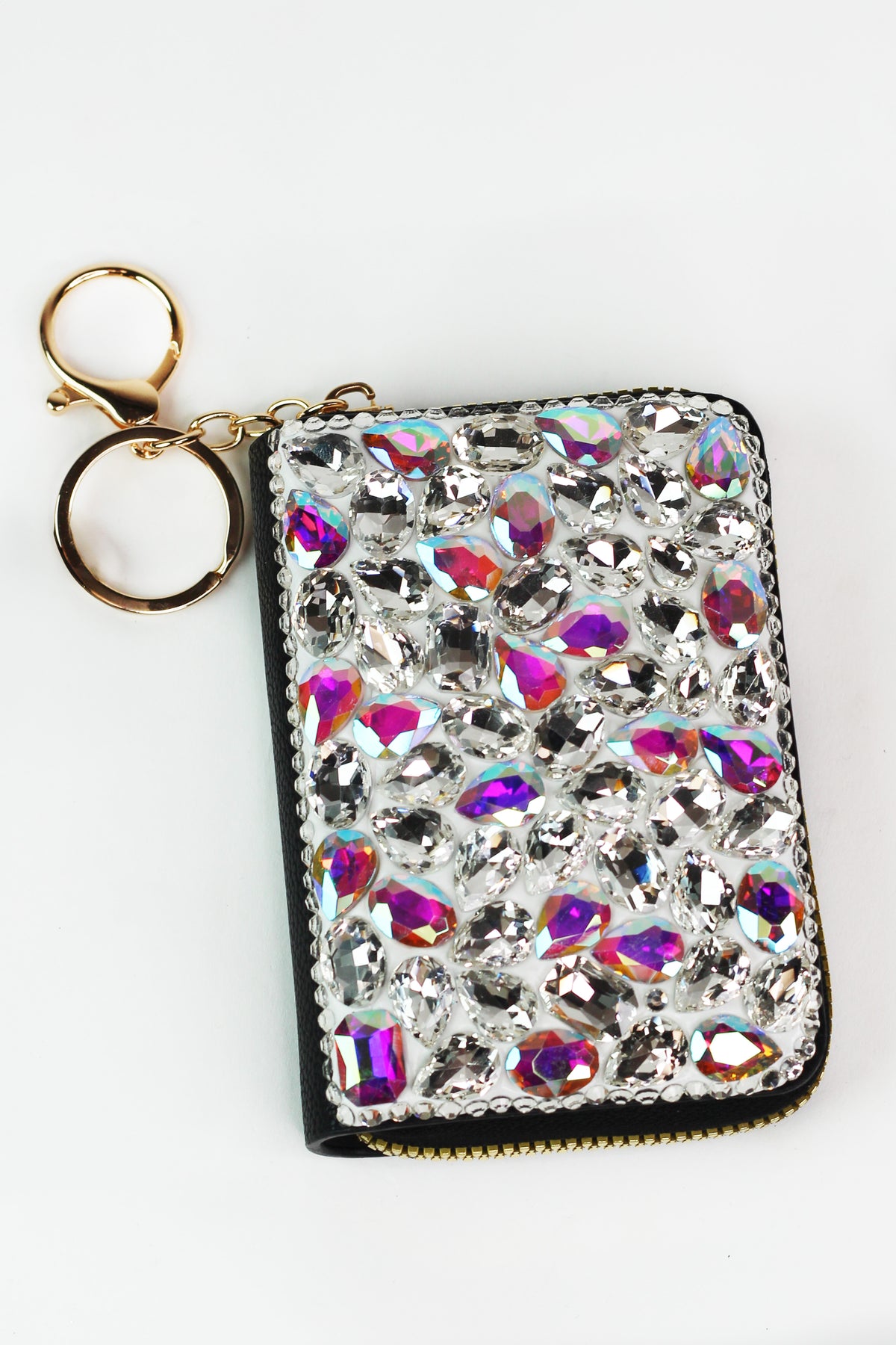 Chunky Rhinestone Zip Around Cardholder & Keychain