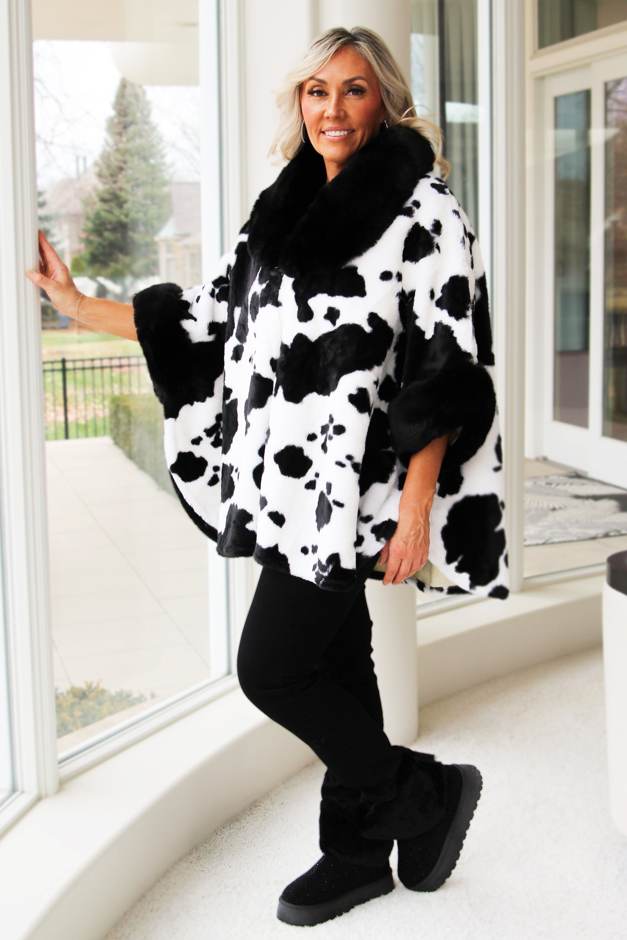 Faux Fur Trimmed Hooded Cow Print Poncho