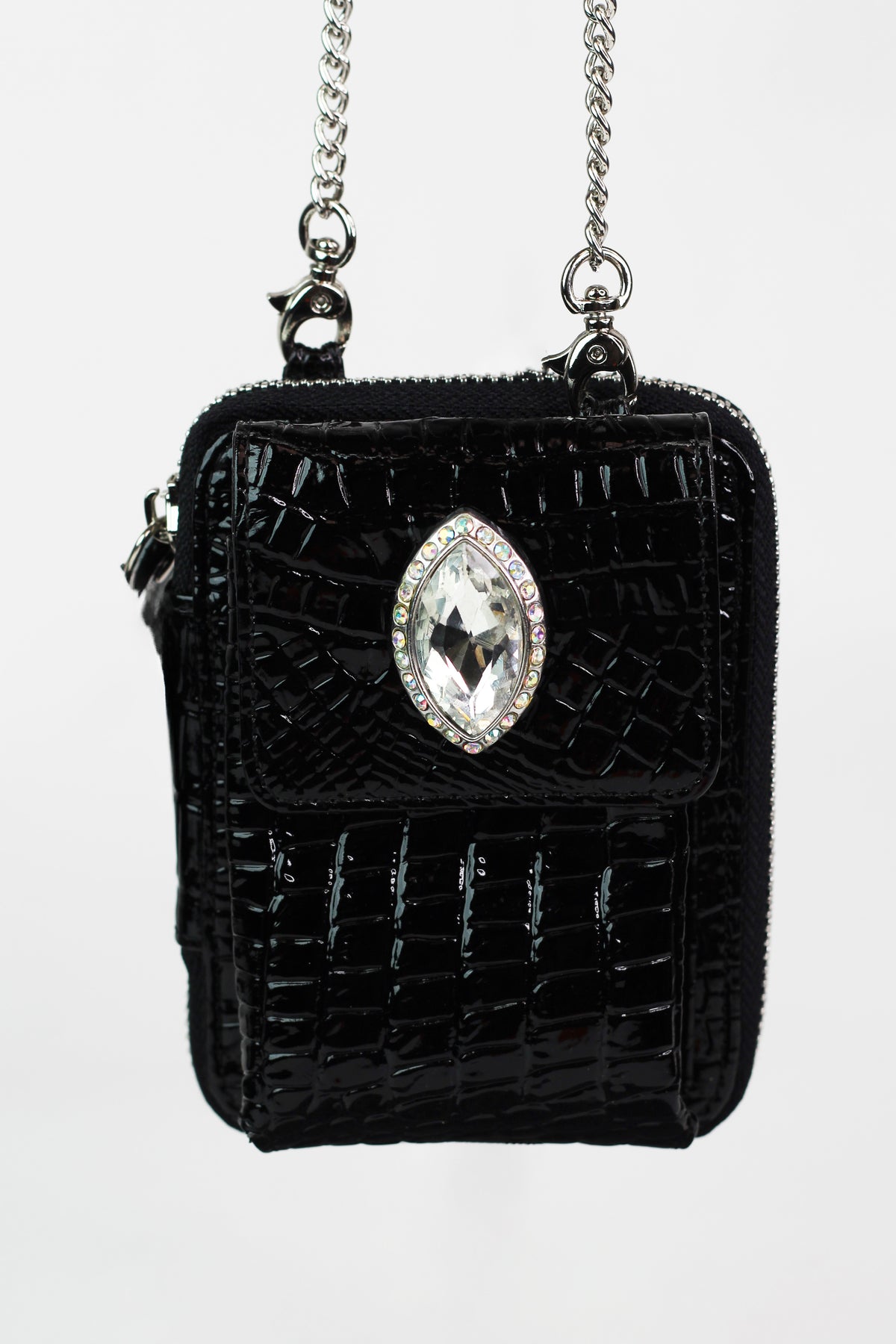 Faux Reptile Print Crossbody Zip Wallet w/ Front Stone