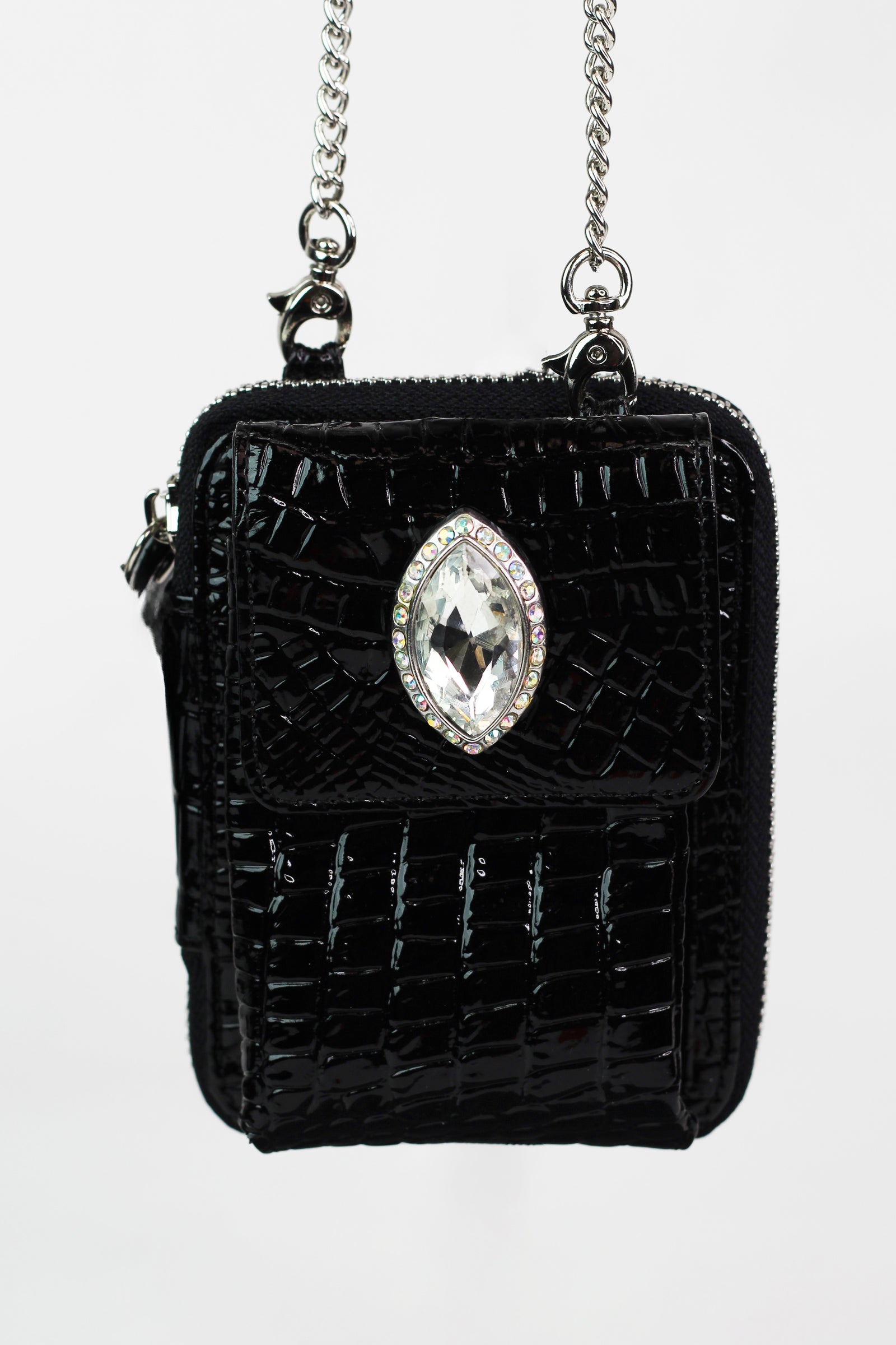 Faux Reptile Print Crossbody Zip Wallet w/ Front Stone