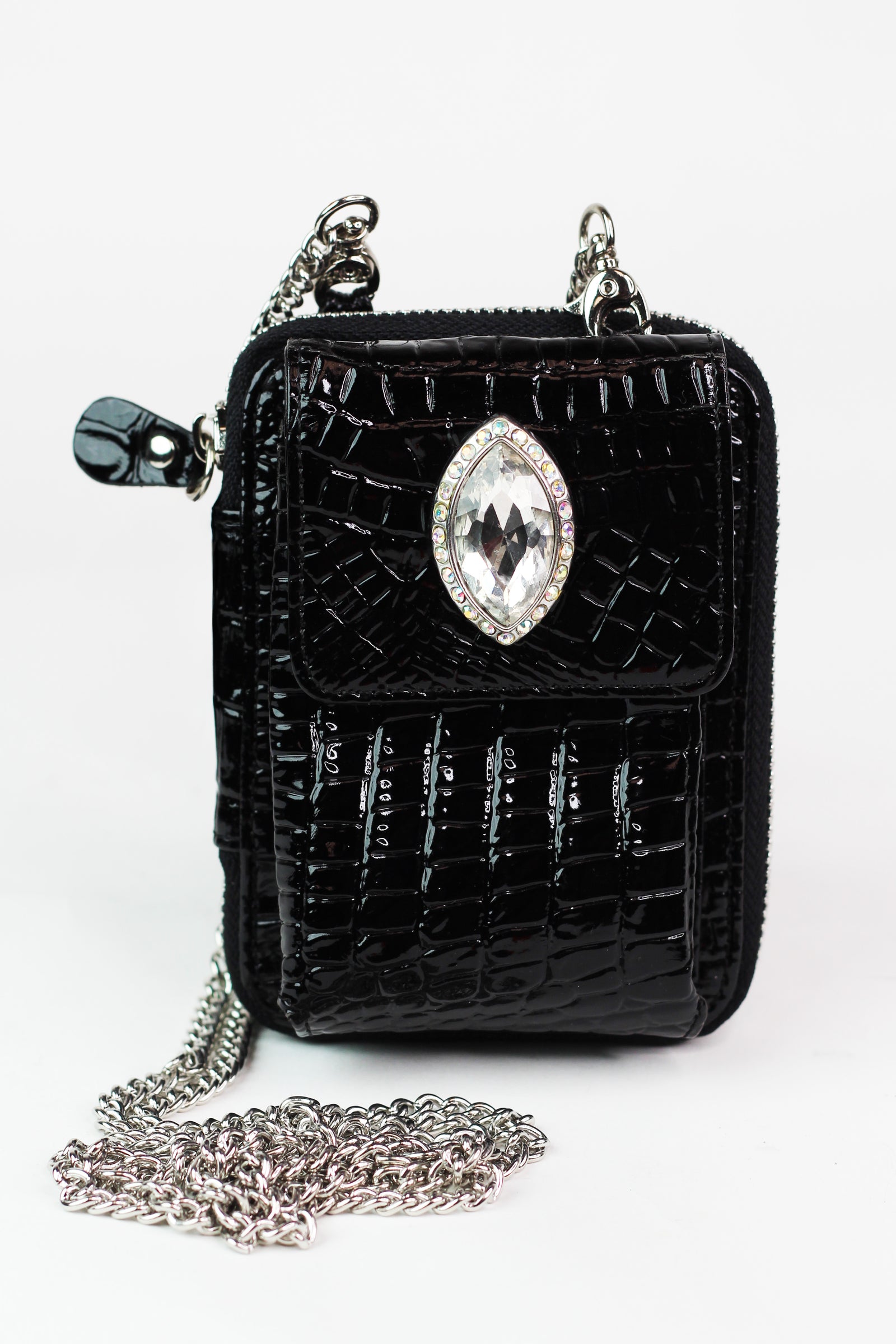 Faux Reptile Print Crossbody Zip Wallet w/ Front Stone