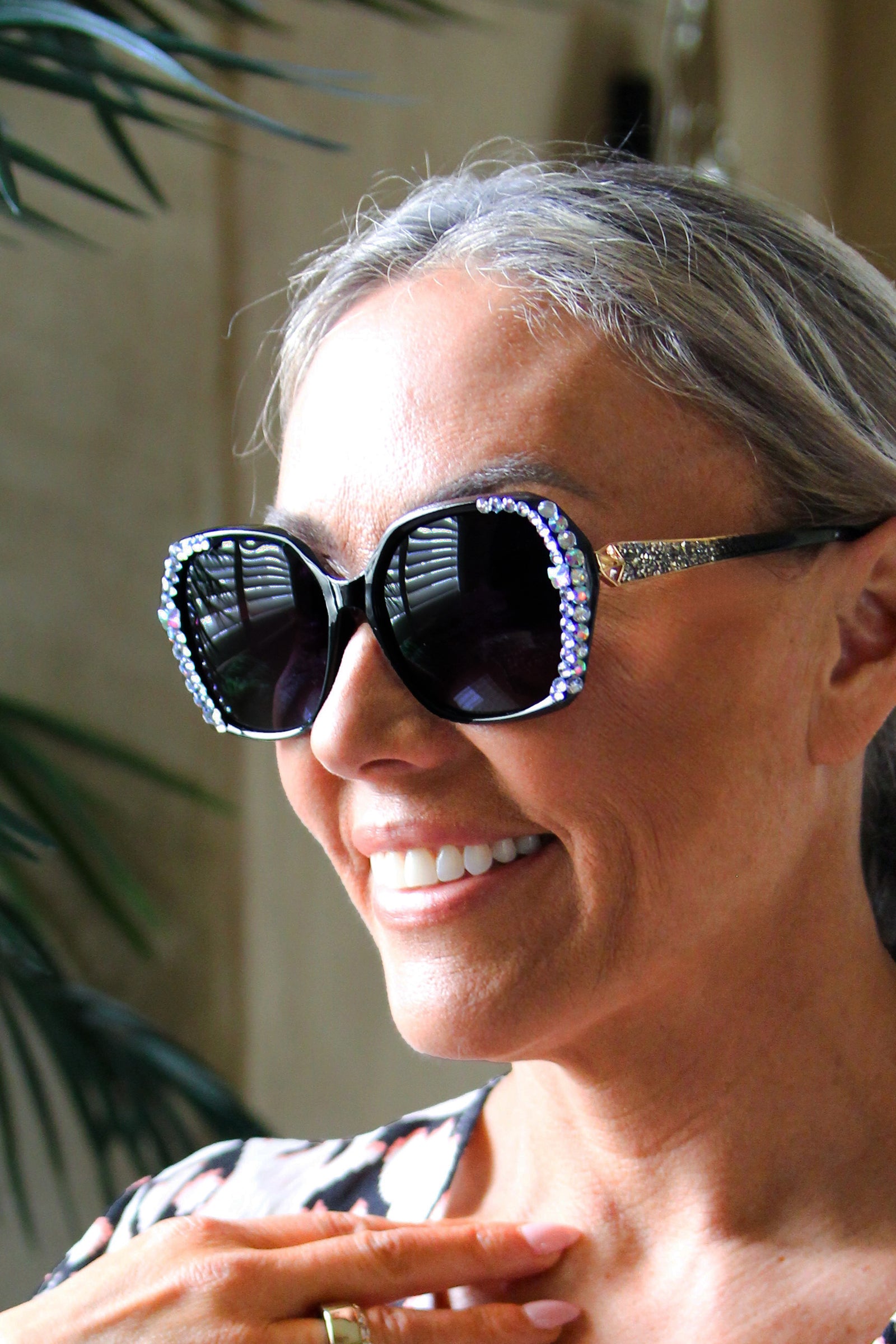 Large Rounded Double Rhinestone edged Frame Crystal Accent Sunglasses