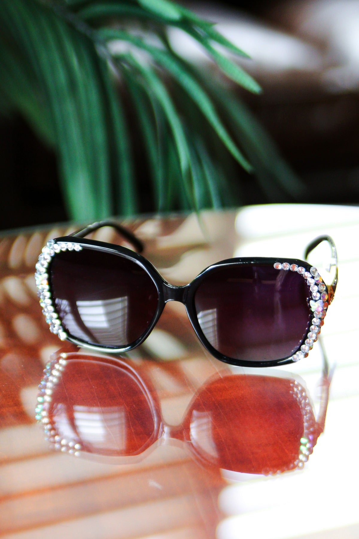 Large Rounded Double Rhinestone edged Frame Crystal Accent Sunglasses