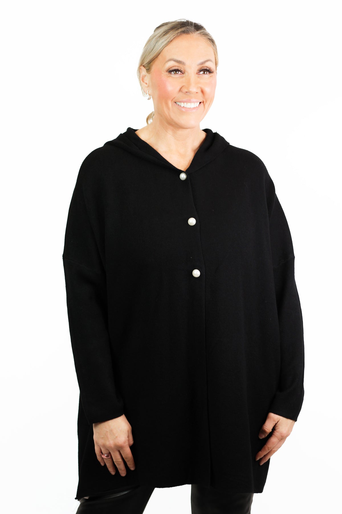 Long Sleeve Cardigan Hoodie w/ Faux Pearl Buttons